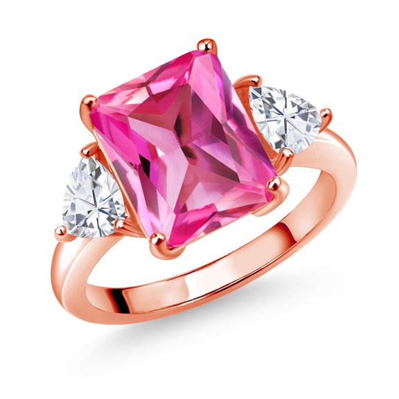 Gem Stone King 18K Rose Gold Plated Silver Pink Created Sapphire and White Moissanite 3 Stone Ring for Women (7.54 Cttw, Octagon 12X10MM, Trillion 5X5MM, Gemstone September Birthstone, Size 7)