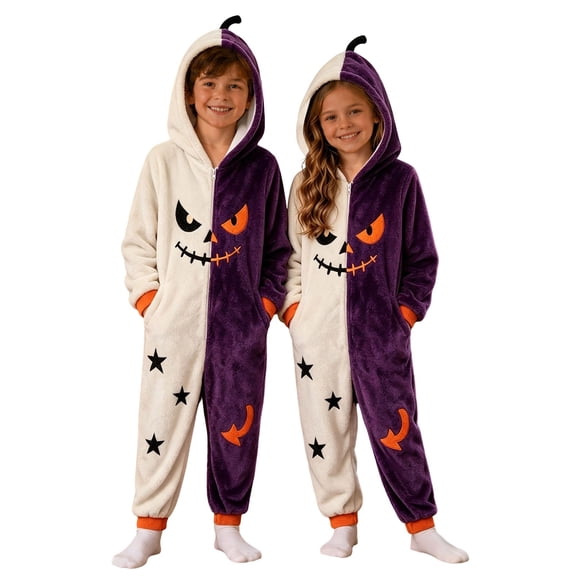Weebloom Halloween Kids Pumpkin Hooded Onesie Pajamas Flannel Adorable Romper For Funny Cozy Jumpsuit Role Play Outfit Pjs Loungewear For Boys Girls Dark Purple 4-5 Years
