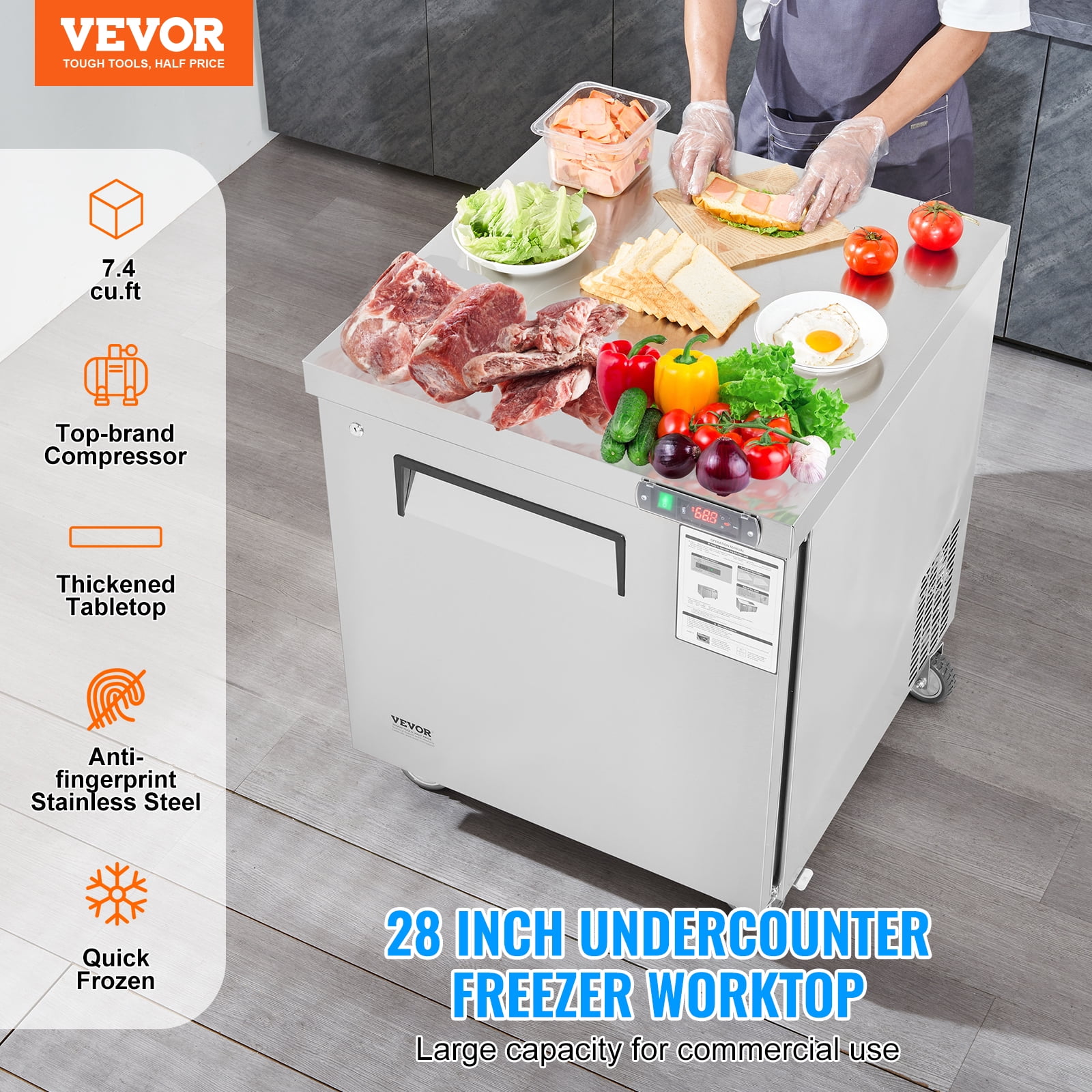 VEVOR 28" Commercial Frozen Refrigerator Sandwich & Salad Prep Table, 7.4 Cu. Ft Stainless Steel Refrigerated Food Prep Station with 1 Door, Frost Free Refrigerator