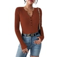 thumbnail image 2 of Women'S Long Sleeve Henley Tops Ribbed Knit Slim Fitted T Shirt Basic Tees Layer Fashion Outfits Chocolate Color S, 2 of 9
