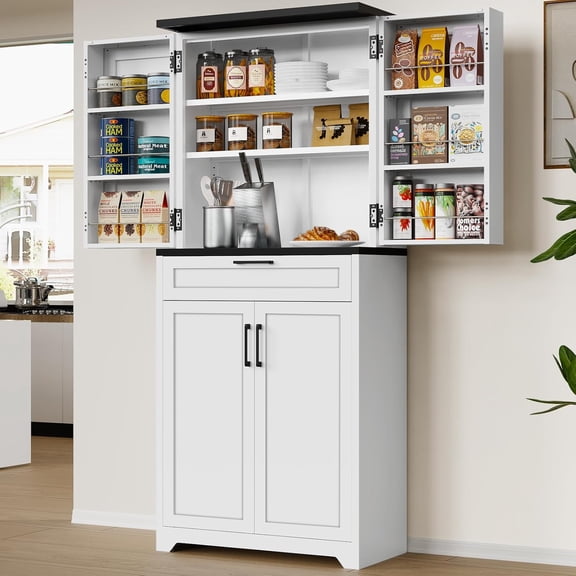 71" Tall Kitchen Pantry Storage Cabinet with Adjustable Shelves and Door Shelves,Food Storage Cabinets with Drawer for Kitchen/Dining Room/Living Room (White)
