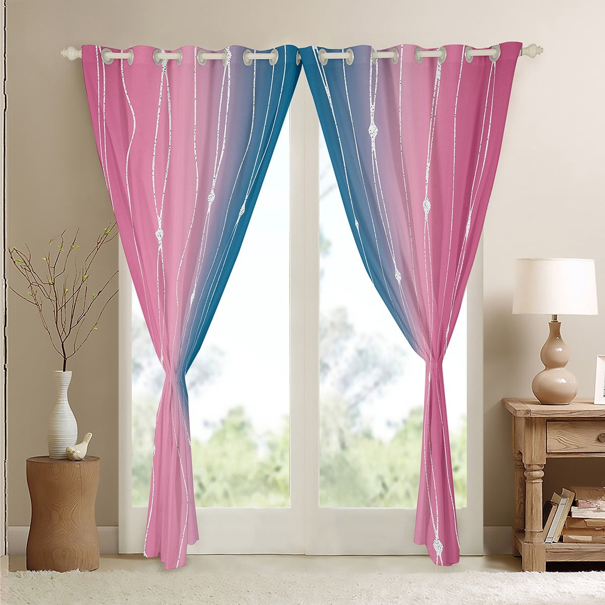 Erosebridal Navy Blue Pink Ombre Curtains & Drapes Geometric Abstract Blackout Curtains, Modern Wave Dots Curtains Gradient Watercolor Black Out Curtains, Aesthetic Lines Striped Window Drapes