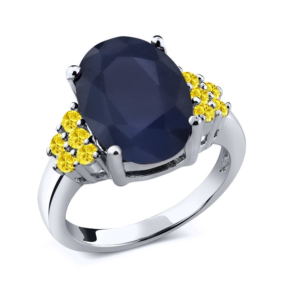 Gem Stone King 7.07 Ct Oval Blue Sapphire Yellow Created Sapphire 925 Sterling Silver Ring (Size 6)