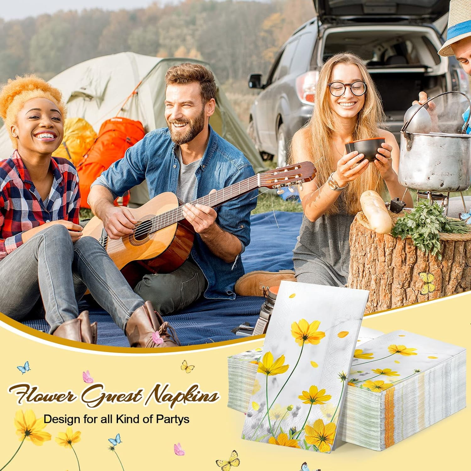 100 Pcs Floral Guest Napkins 3 Ply Yellow Flower Paper Napkins Floral Disposable Decorative Hand Towels for Wedding Bathroom Holiday Birthday Party Decor(Galsang Flower)