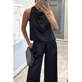 thumbnail image 4 of Women's Elegant Satin Outfits Cowl Neck Sleeveless Tank Tops with High Waist Wide Leg Pants for Cocktail Party Wedding and Formal Evening Black S, 4 of 8