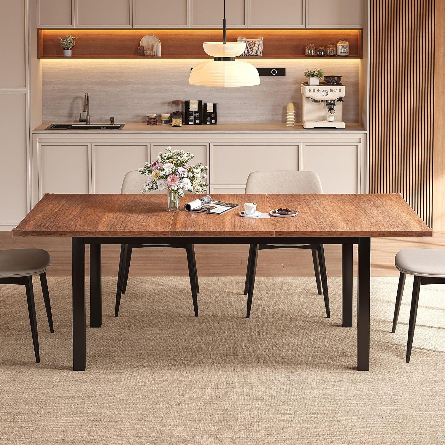 Honfach 63" Extendable Dining Table for 4-8, Square Wooden Dining Room Table with Metal Base, Modern Extendable Table for e for Small Kitchens, Dining Office Areas, Walnut