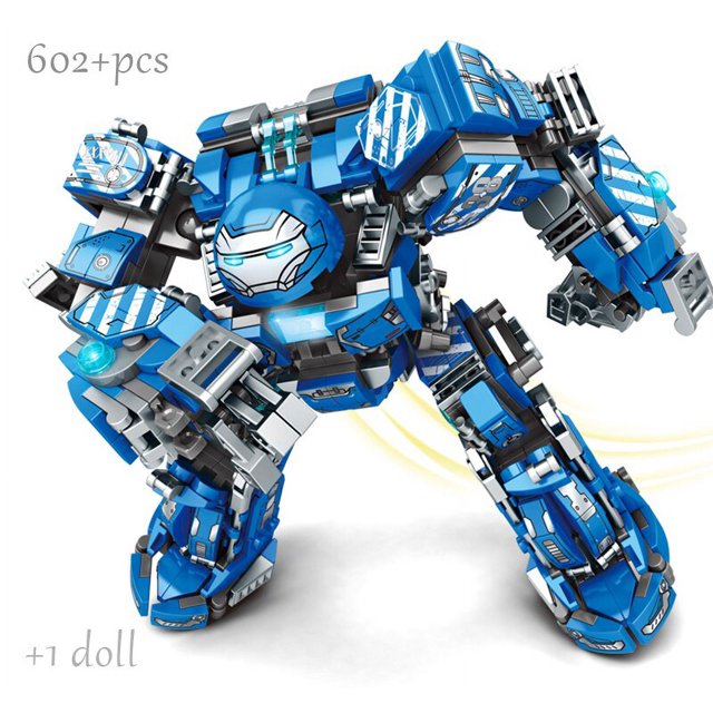 disney marvel avengers mk44 iron man hulkbuster hulk robot figuras idea technical building brick block toy para niños Figura Hulkbuster ensamblada en 3/4 frontal con más de 602 piezas de bloques ABS compatibles, casco redondeado con visor, brazos y piernas articulados y paneles decorados en tonos azul y gris; fondo blanco de estudio, enviada sin caja original según especificaciones; a menudo usada como pieza de colección o para exhibición.