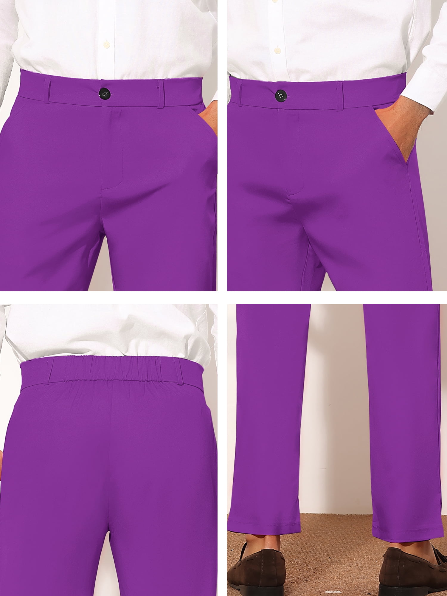 Unique Bargains Men's Slim Fit Trousers Flat Front Solid Color Business Pants 36 Purple