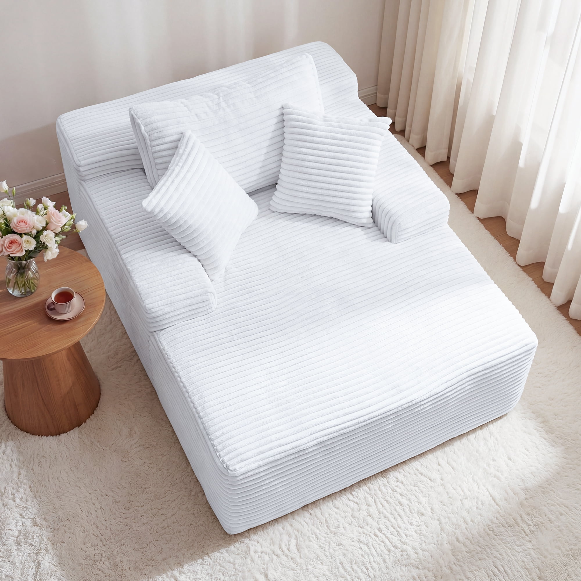 67" Corduroy Boneless Chaise Sofa for Living Room, 9.9'' Wide Armrest Lounge Chair, Indoor Oversized Sleeper Sofa, Deep Seat, 3 Soft Pillows Sofa Bed, No Assembly Required, White
