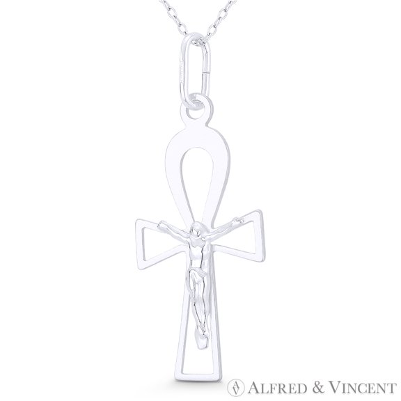 Jesus Christ on Egyptian Ankh Key-of-Life Cross Charm Pendant & Chain Necklace in .925 Sterling Silver