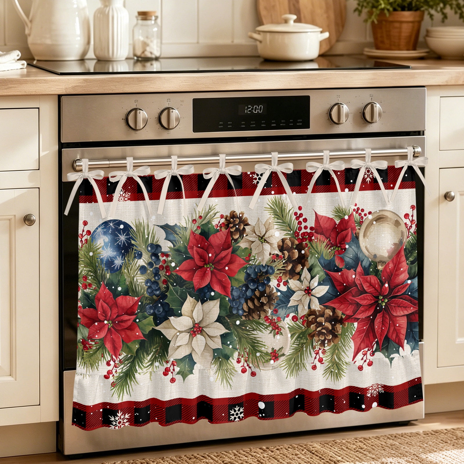 Christmas Oven Skirt Curtain 32"Wx24"L,Waterproof Ruffled Stove Cover Skirt with 8 Ribbon Ties,Xmas Botanical Poinsettia Balls Red Plaid Decorative Oven Door Curtains for Kitchen Cabinet Storage