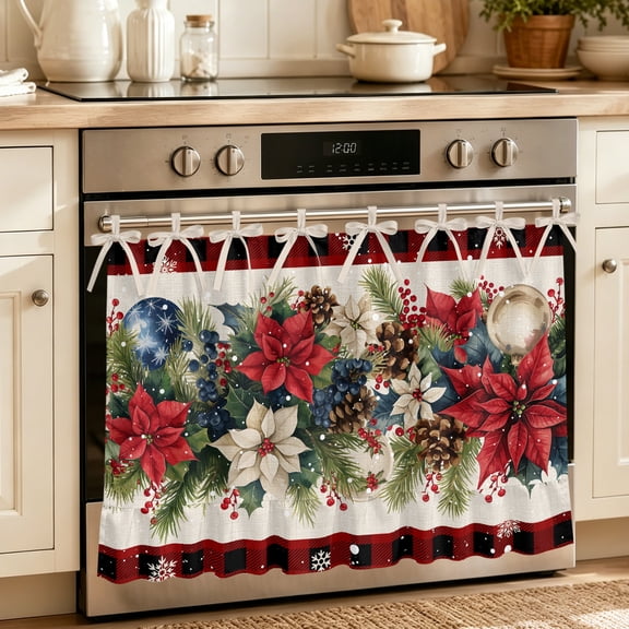 Christmas Oven Skirt Curtain 32"Wx24"L,Waterproof Ruffled Stove Cover Skirt with 8 Ribbon Ties,Xmas Botanical Poinsettia Balls Red Plaid Decorative Oven Door Curtains for Kitchen Cabinet Storage