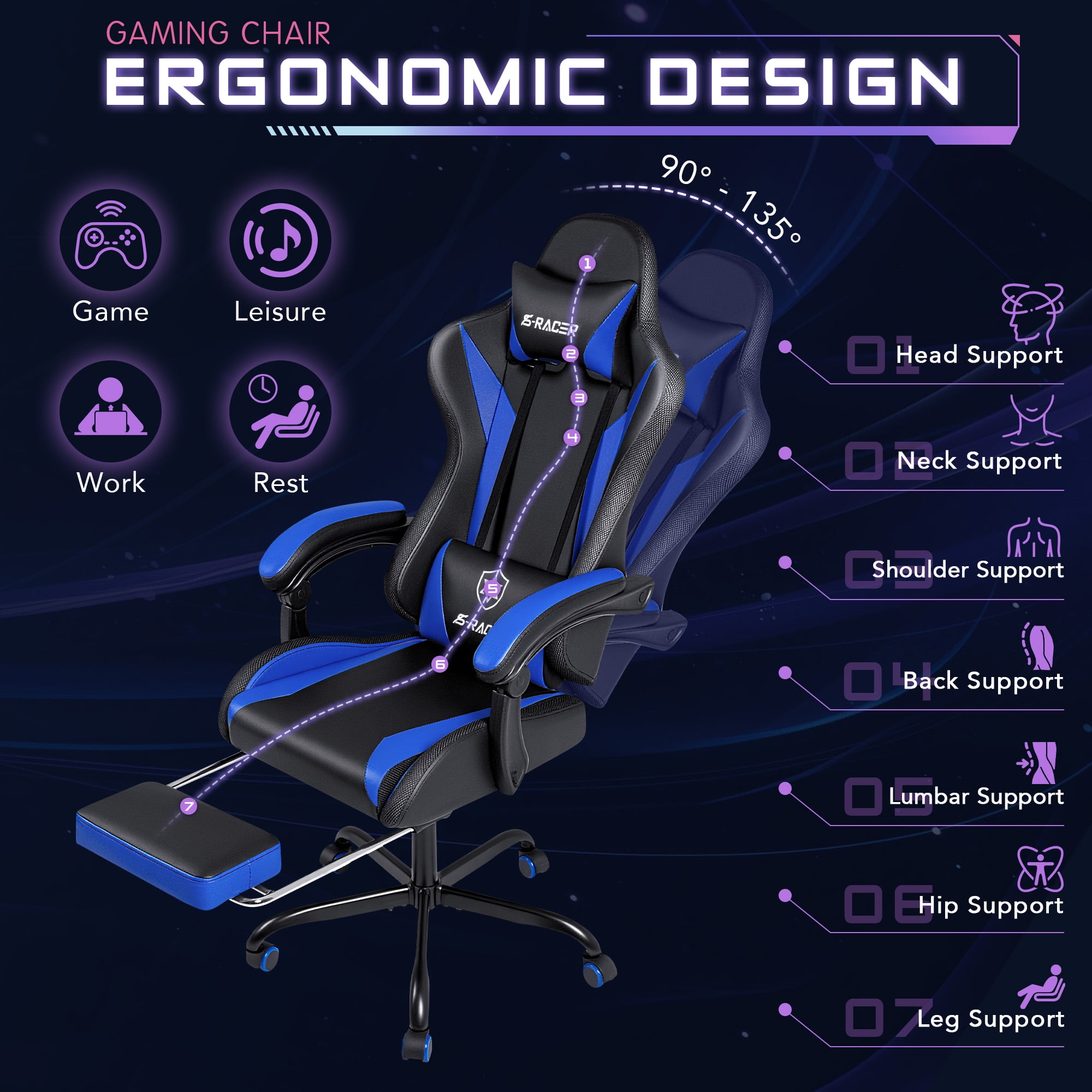 Homall RGB Gaming Chair Massage Reclining Racing Chair with APP & Remote Control, Audio Sync LED, Footrest & Headrest, Blue