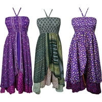 Mogul Wholesale Lot Of 3 Pcs Womens Sundress Recycled Silk Sari Vintage Two Layer Age Of Innocence Halter Dress