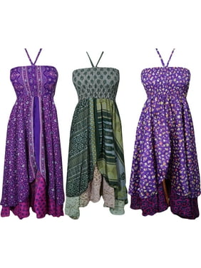 Mogul Wholesale Lot Of 3 Pcs Womens Sundress Recycled Silk Sari Vintage Two Layer Age Of Innocence Halter Dress