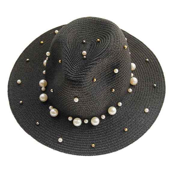 56-58cm hat circumference wide brimmed hat pearl sun hat summer hat female seaside beach hat sunscreen sun hat - black