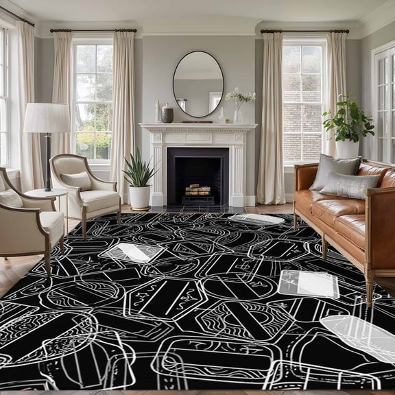 Large Area Rugs for Living Room Bedroom, Black White Postmarks 5'x8' Rug Washable Carpet Runner Indoor Outdoor, Modern Abstract Lines Motifs Non Slip Floor Mats Rug for Kitchen, Bathroom