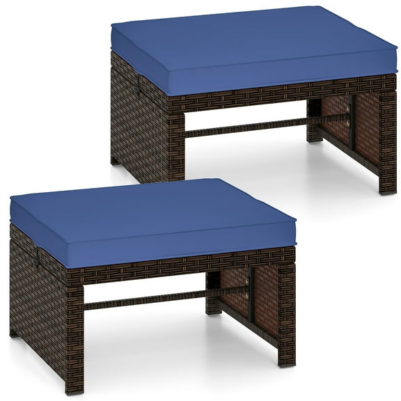 Gymax Set of 2 Patio PE Rattan Ottomans w/ Soft Zippered Cushions for Deck Outdoor Navy Blue