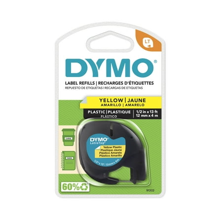 Dymo LetraTag Labeling Tape, Black Print on Yellow Tape, 1/2'' W x 13' L, 1 roll