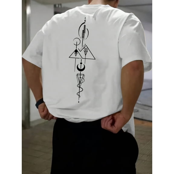 Men's Navy Blue Graphic Tee - 100% Polyester, Loose Fit, Casual Round Neck T-Shirt with Unique Geometric Print, Ideal for Spring & Summer Outdoor Activities