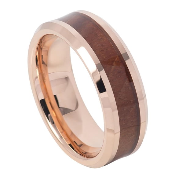 Men Women 8MM Comfort Fit Tungsten Carbide Wedding Band Beveled Edge Hawaiian Koa Wood Inlay Ring (7 to 12)
