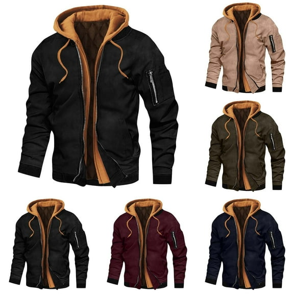 Brondbend Men Coats Winter Mens Fall Jacket Hooded Long Sleeved Zipper Pocket Outerwear Solid Color Leisure Jacket Loose Fit Vacation Tops Army Green