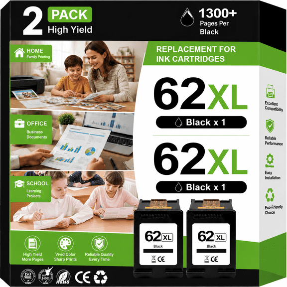 62XL Black Ink Cartridges Compatible for HP 62 Black Ink Cartridges for HP Envy 7640 7645 5660 5643 Printer (2 Pack)