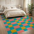 thumbnail image 3 of ODIKA 8'x10' Washable Area Rug Coral Pink Block Storybook Hopscotch Whimsical Retro Grid with Bold Symmetry for King Size Bedroom Under Bed, Master Suite, Non-Shedding, Easy Care, 3 of 7