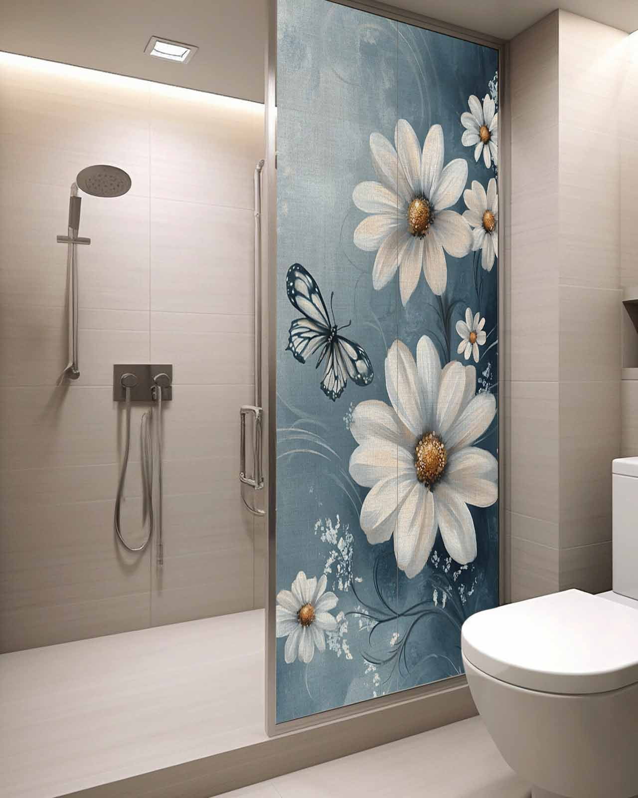 Window Privacy Film Elegant White Daisy Stained Glass Window Film Decorative Sun Block Window Cover Pastoral Vintage Butterfly Floral Window Clings Static Adhesive Sticker for Bathroom 29.5"x78.7"