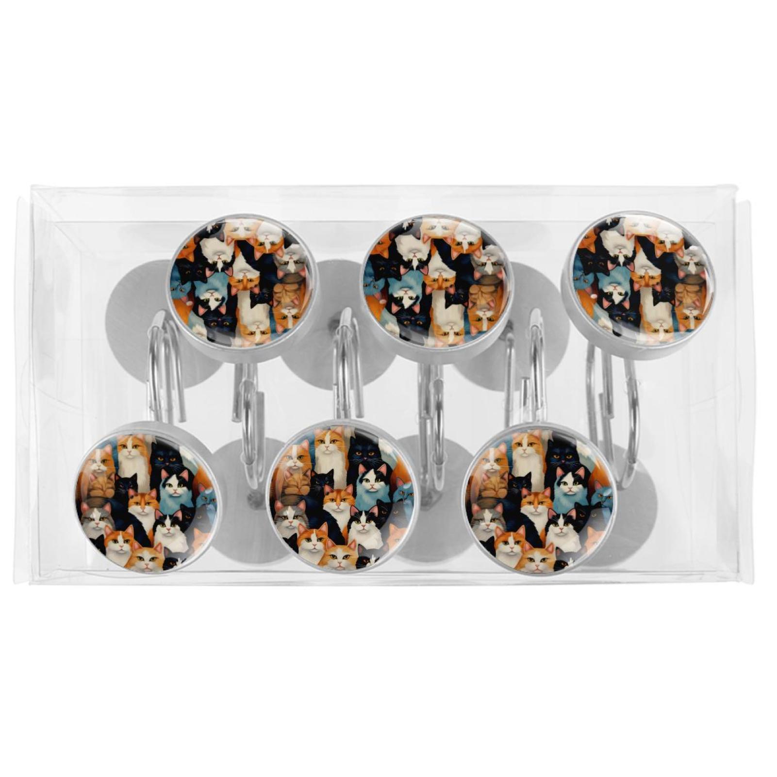 Cartoon Cat Shower Curtain Hooks （Set of 12） for Home Hotel Shower Rods Bathroom Crystal Glass Print Stainless Steel Round Curtain Hooks