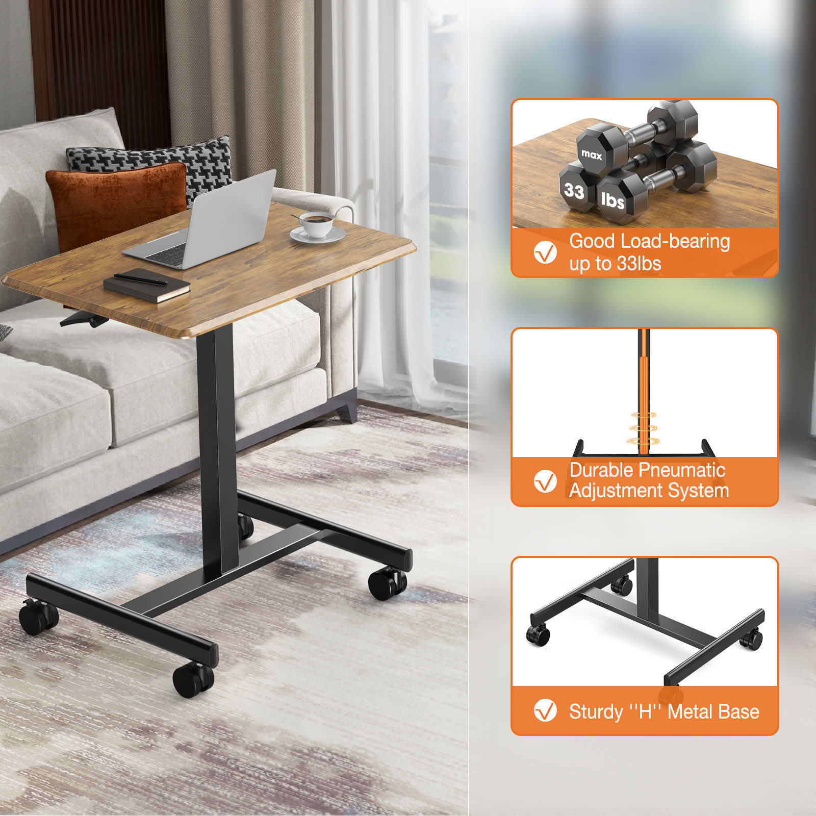 MAYEERTY Adjustable Rolling Laptop Desk Cart, Overbed Computer Table, Home Office Classroom, Rust