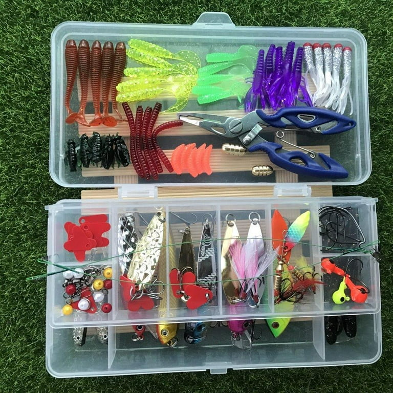 Elegantoss Fishing Lures Kit Set to Catch Bass, Trout, Salmon Including  Crankbaits, Plastic Worms, Jigs, Spoon and Top Water Lures in a Plastic Box  (109pcs) 