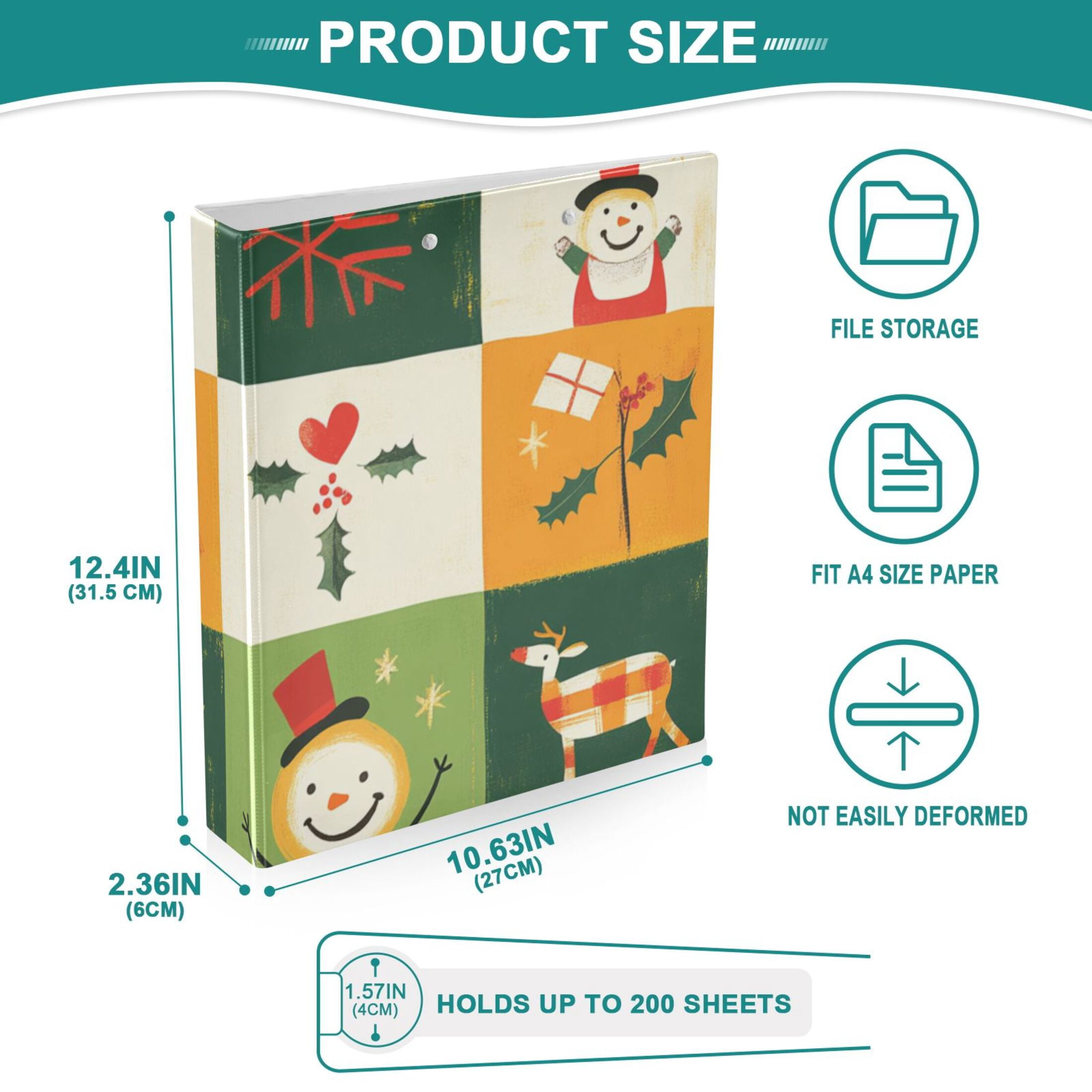 Christmas Squares Snowmen Hearts 3 Ring Binders 1.5 inch Hardcover File Folders with Interior Pockets A4 Size Organizer for School Office Hospital