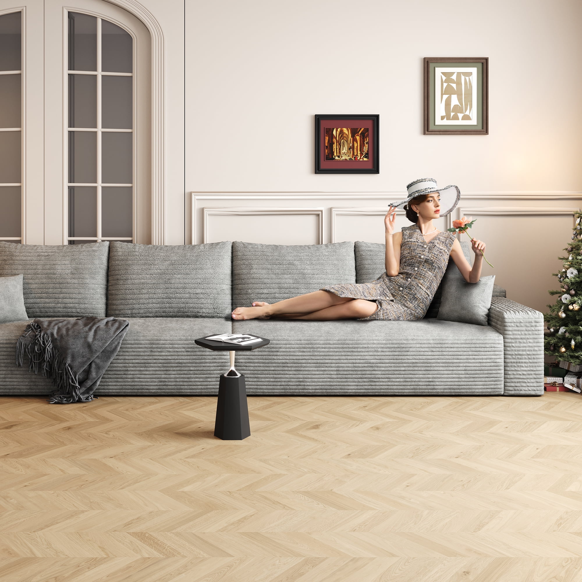 MAYEERTY 140" Gray Modern Modular Cloud Sectional No Assembly Extra-Spacious Neutral Sofa