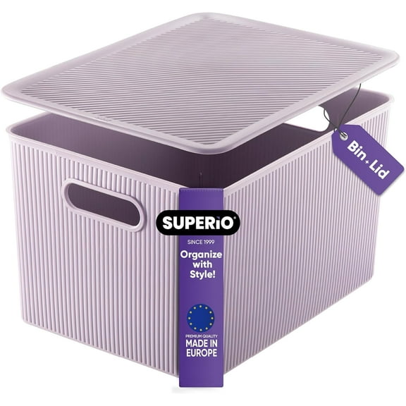 Superio 22L Large Lilac Ribbed Storage Bin with Lid, Plastic Storage Bin