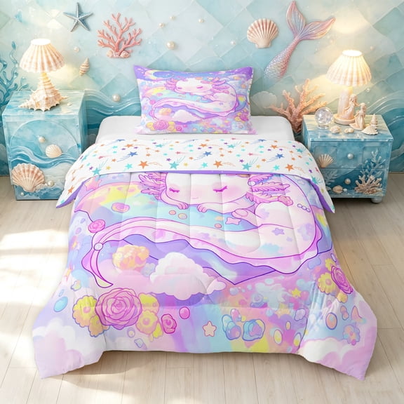 Manfei Sleeping Axolotl Twin Comforter Sets, Dreamy Moon Cloud Bedding Set, Pastel Purple, Stars Reversible, 2 Pieces, 1 Comforter and 1 Pillowcase