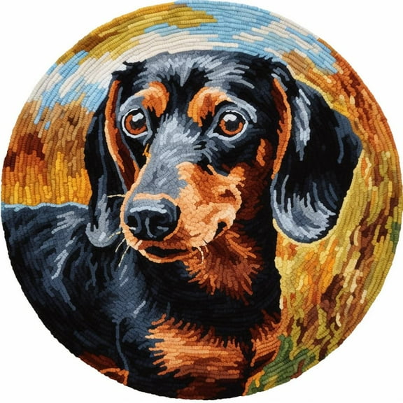 Latch Hook Round Rug Kits Black Dachshund for Beginner Needle Crochet Yarn Kits Embroidery Carpet Hook and Latch Kit Tapestry Christmas Home Decoration 50x50cm(5)