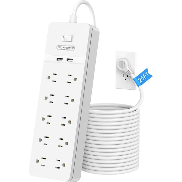 25 Ft Extension Cord, 2100J Surge Protector Power Strip with 10 Widely Spaced Outlets 2 USB Ports, Overload Protection, Wall Mountable for Indoor, Home, Office or Garage,White