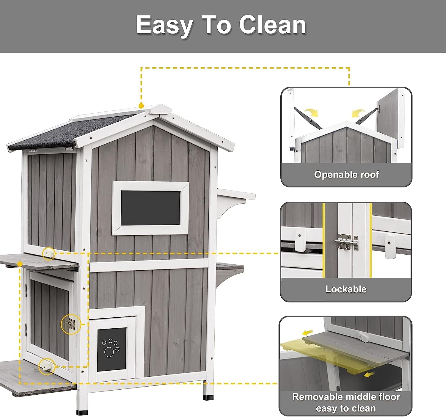 Wooden Outdoor Cat House Shelter Two Story with Openable Roof, Escape Door, Weatherproof Design for Feral Cats, Indoor Outdoor Use, green
