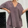 thumbnail image 2 of Guiexla 2 Pcs/Set Women Summer Sportswear Set V Neck Side Split Short Sleeves Loose T-shirt Elastic Waist Mini Pants Set Tracksuit Sport Clothes, 2 of 7