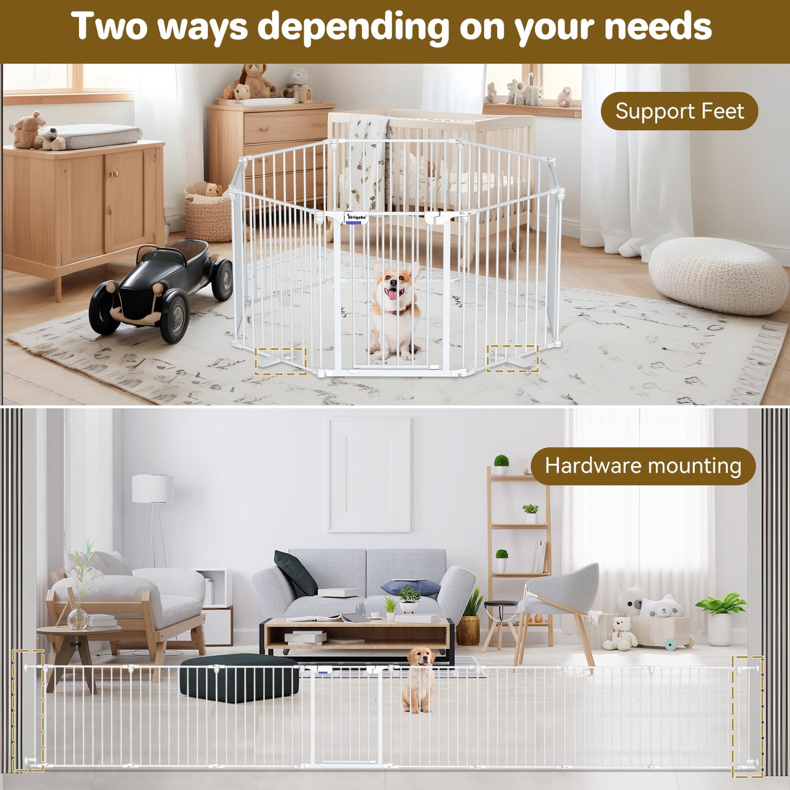 Kfvigoho Dog Gate 35"-149" Extra-Wide Gate for Stairs, Freestanding wire pet door, fireplace dual-locking system with automatic door closing feature, collapsible 6 steel panels (White, 8 panels)