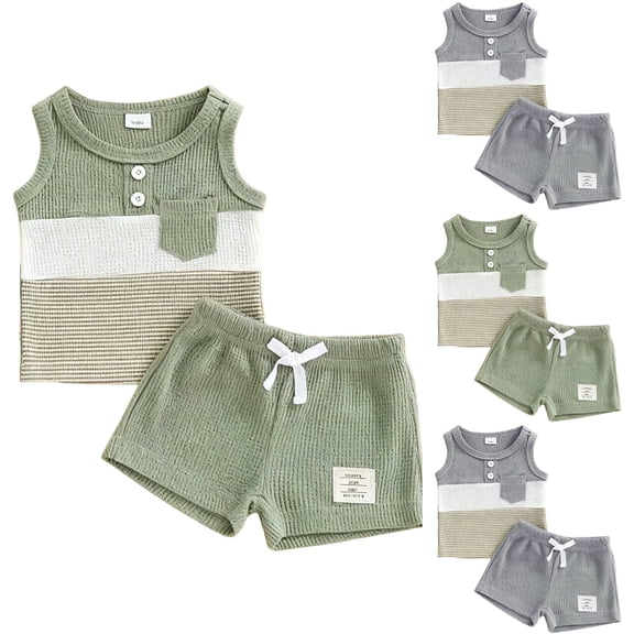 Nwiuh Baby Boy Summer Clothes Contrast Color Sleeveless Tops Elastic Waist Shorts Toddler Outfits Cute Set Green for Size 18-24 Months