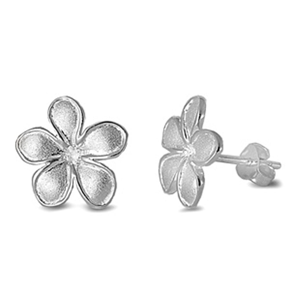 Sterling Silver Plumeria Flower Satin Finish Modern Earrings 925 New