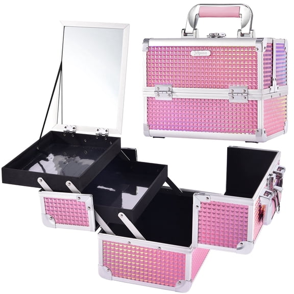 Portable Makeup Train Case Travel Cosmetics Box with Mirror Lockable 2 Trays Makeup Case Organizer