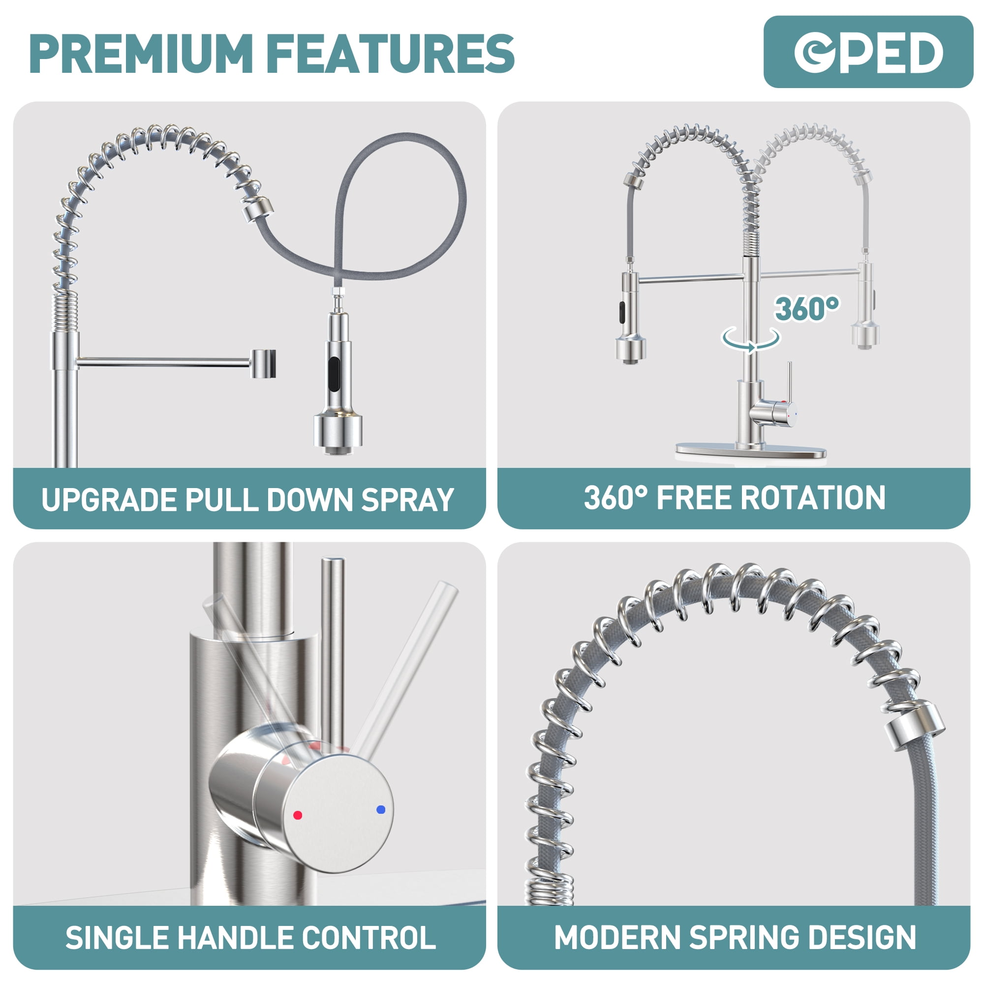 GPED Kitchen Faucet with Pull Down Sprayer, Single Handle Spring Kitchen Sink Faucet w/ 3-Modes LED Light, SUS304 Stainless Steel, High Arc Sink Faucet with Deck Plate & Water pipes for Rv, Laundry