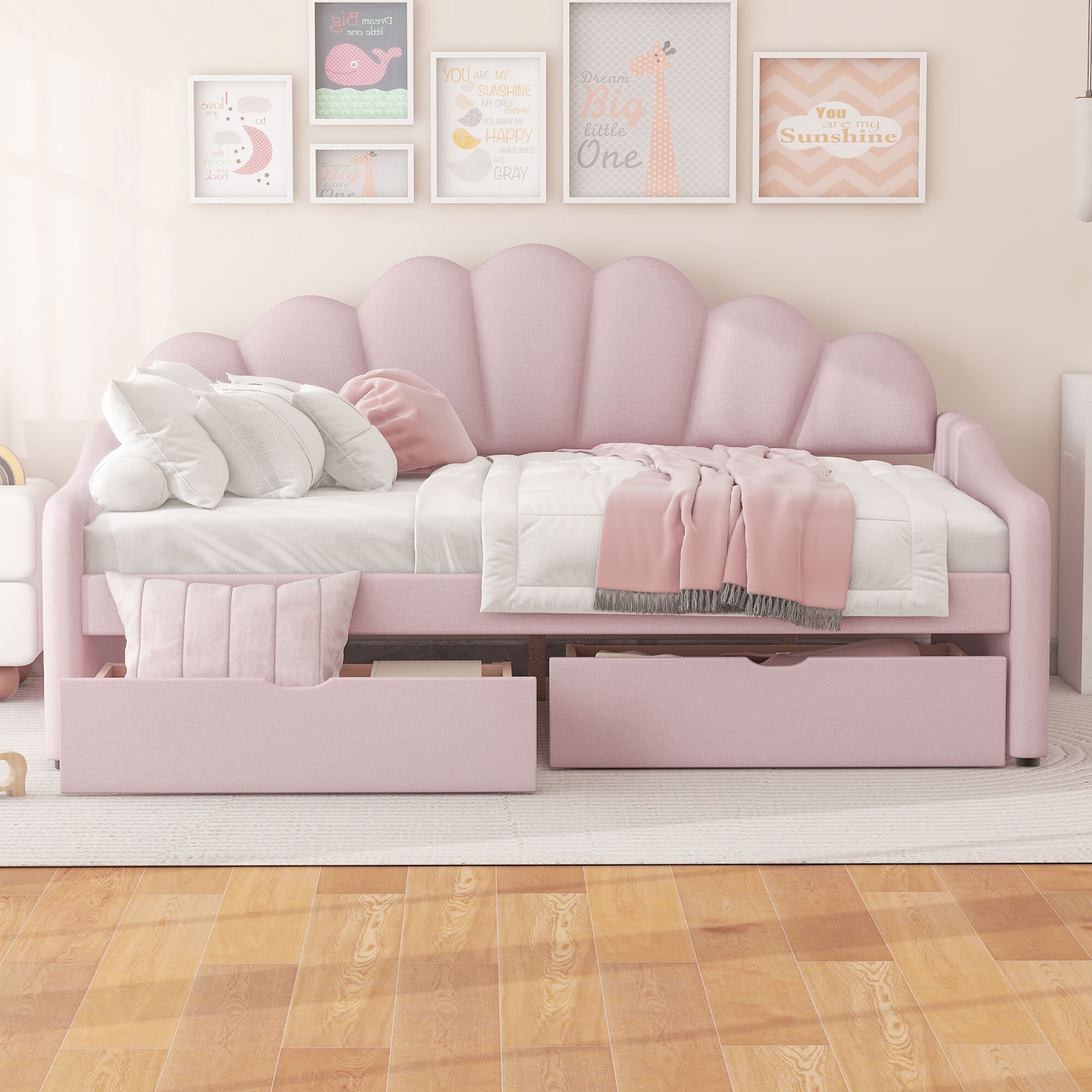 EUROCO Upholstery Full Size Platform Bed, Upholstered Daybed with Headboard and Drawers, Pink