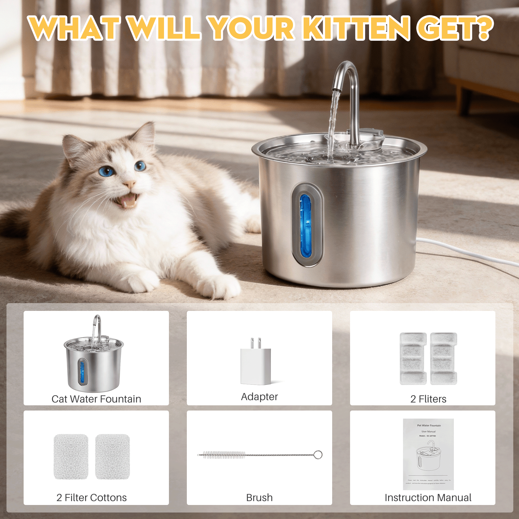 NIGHTEEN Cat Water Fountain Stainless Steel Automatic Pet Water Dispenser for Cats and Dogs with Replacement Filters, 2.2L