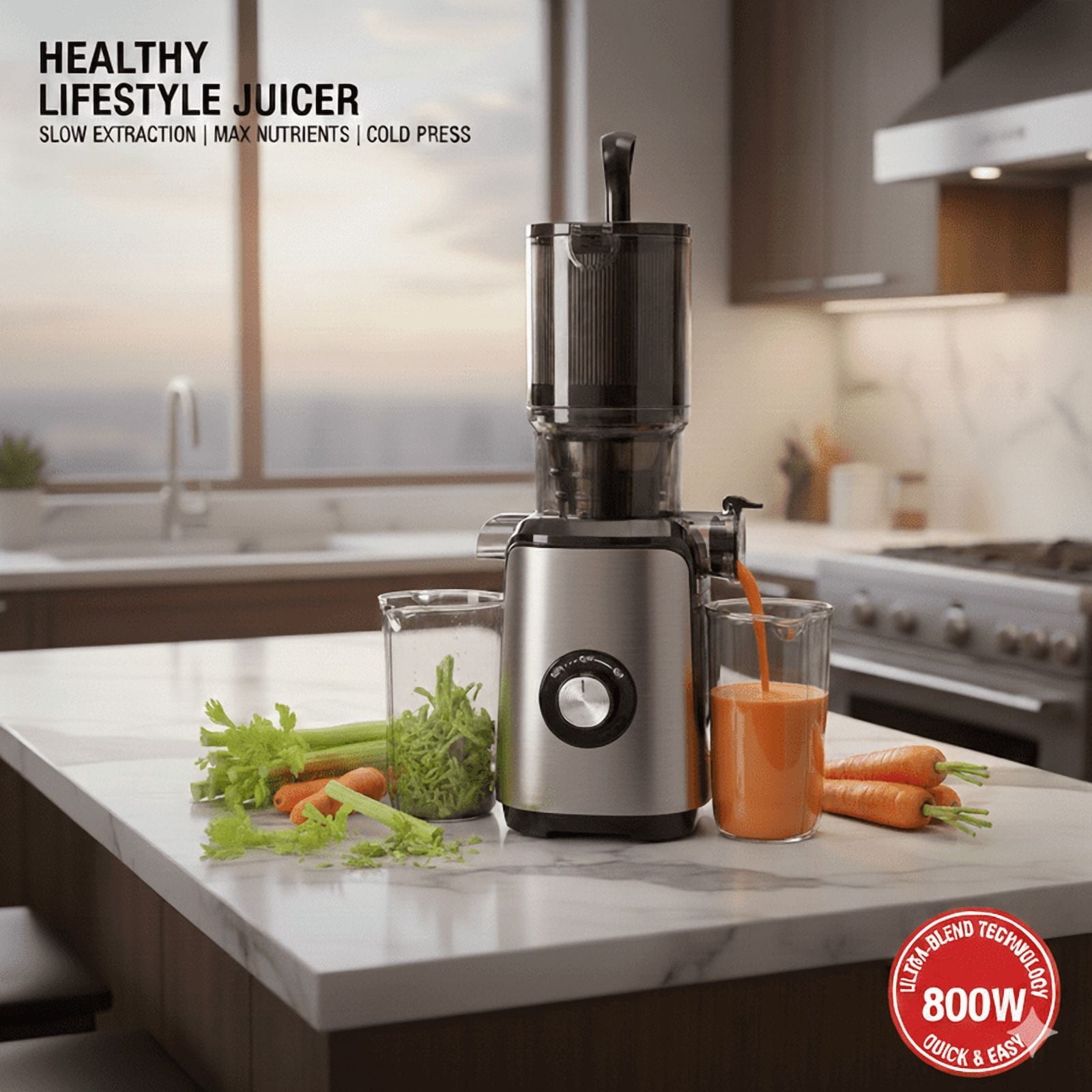 Cold Press Juicer Machine, Slow Masticating Juicer with 4.25" Extra Wide Feed Chute for Whole Fruits & Vegetables, 200W Quiet Motor, High Juice Yield & BPA-Free, Easy to Clean, Silver