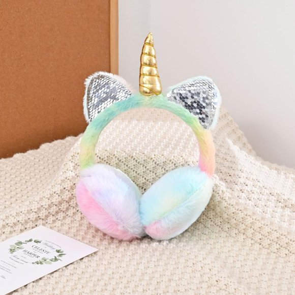 YUANOU Colorful Unicorn Fluffy Earflap Children Kids Lovely Earmuffs Cat Ears Warmer Caps Soft Plush Headband Fur Headphones Earmuff(A)