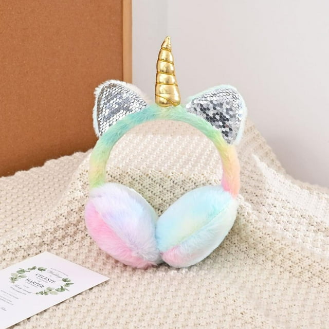 YUANOU Coloré Unicorn Cache-Oreilles Duveteux Enfants Adorables Cache-Oreilles Oreilles de Chat Réchauffe-Oreilles Bonnets Doux en Peluche Bandeau en Fourrure Écouteurs Cache-Oreilles(A)